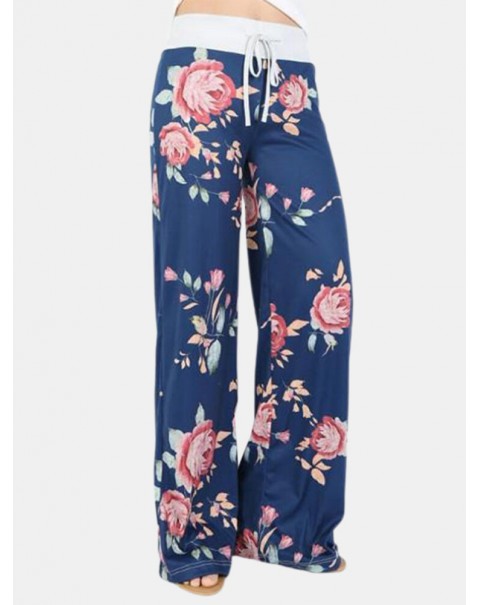 Women Plus Size Flowers Print Drawstring Waist Loose Home Casual Pajamas Pants - Yellow 8