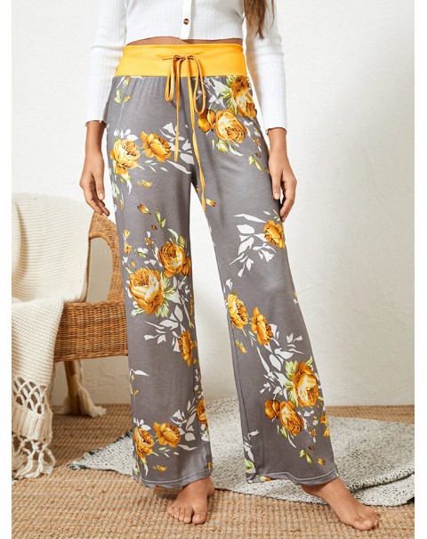 Women Plus Size Flowers Print Drawstring Waist Loose Home Casual Pajamas Pants - Yellow 8