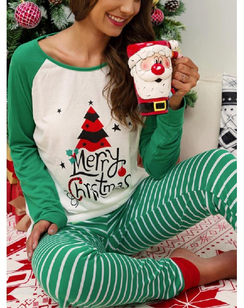 Women Christmas Raglan Sleeves Long Sleeve Pullover Stripe Jogger Pants Cozy Home Two Piece Pajama Set - Red 14