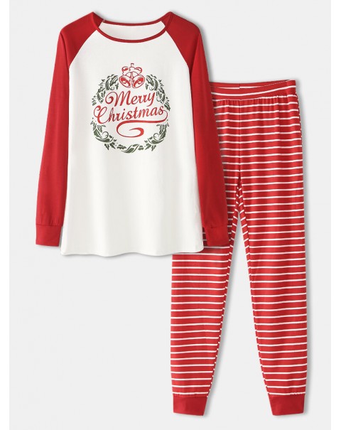 Women Christmas Raglan Sleeves Long Sleeve Pullover Stripe Jogger Pants Cozy Home Two Piece Pajama Set - Red 14