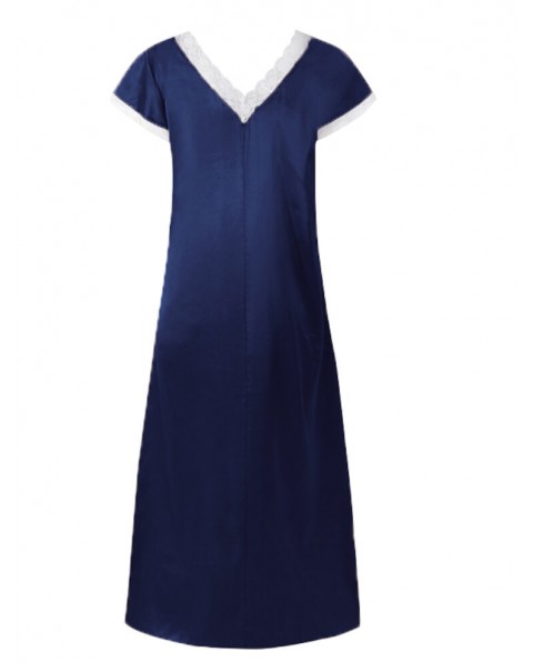 Women Short Sleeve Lace Spliced Solid Casual Daily Home Nightgowns - Navy L