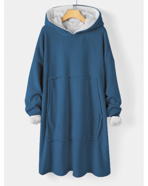 Women Flannel Thicken Blanket Hoodie Cozy Oversized Robe With Large Pocket - Grey One Size