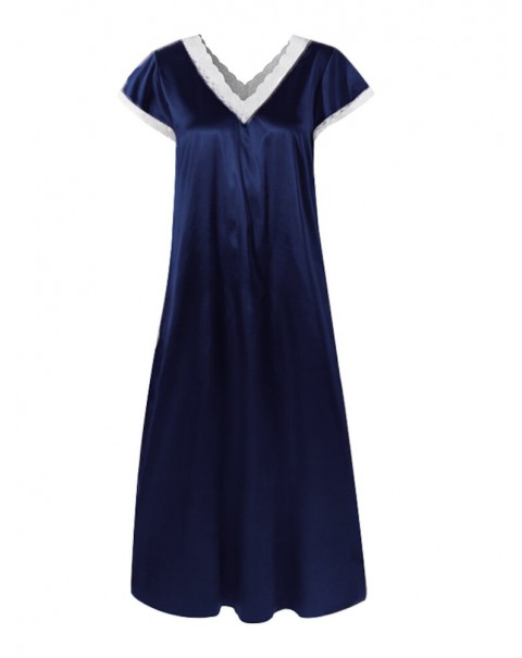 Women Short Sleeve Lace Spliced Solid Casual Daily Home Nightgowns - Navy L