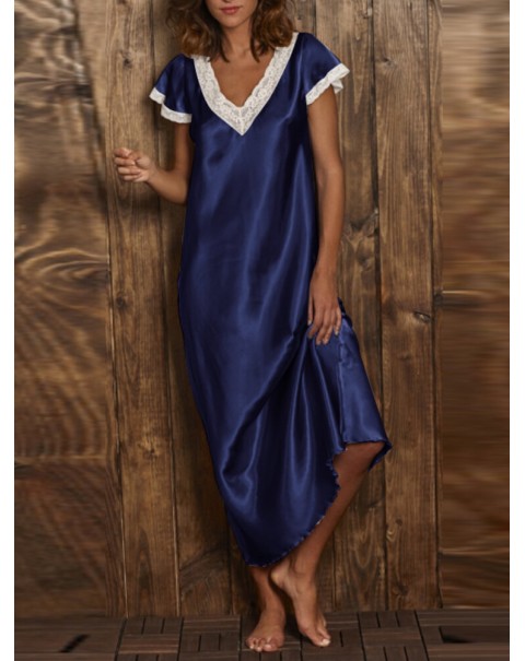 Women Short Sleeve Lace Spliced Solid Casual Daily Home Nightgowns - Navy L