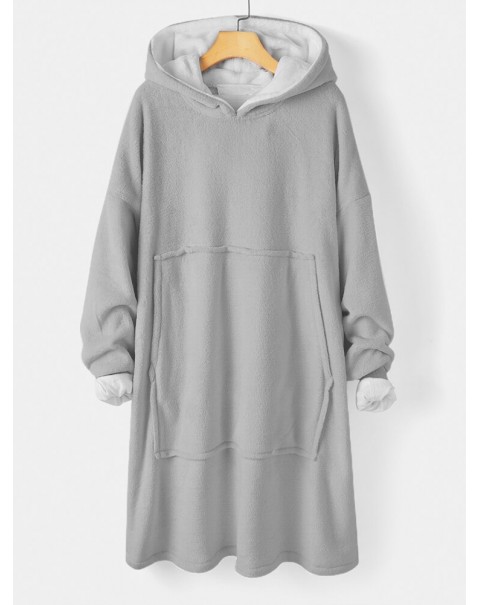 Women Flannel Thicken Blanket Hoodie Cozy Oversized Robe With Large Pocket - Grey One Size