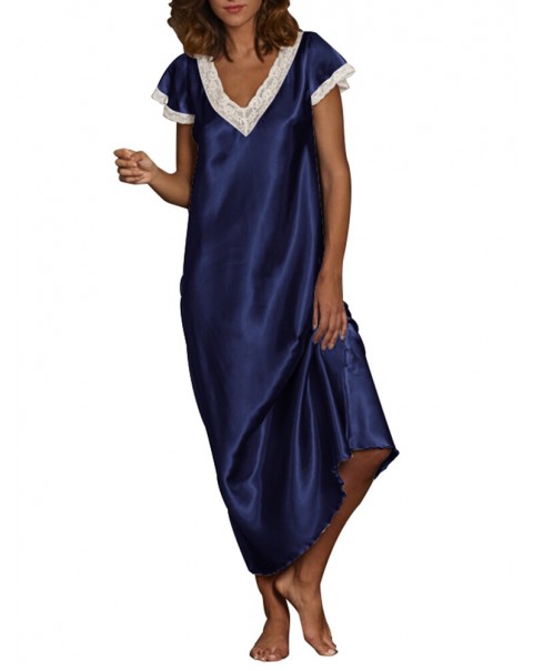 Women Short Sleeve Lace Spliced Solid Casual Daily Home Nightgowns - Navy L