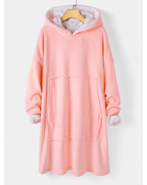 Women Flannel Thicken Blanket Hoodie Cozy Oversized Robe With Large Pocket - Grey One Size