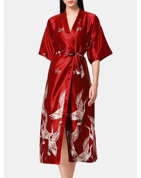 Plus Size Women Ethnic Style Crane Print Faux Silk Half Sleeve Home Sleepwear Robes - Red 8