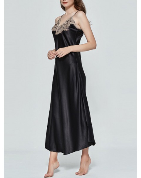 Women's V-Neck Sleeveless Solid Casual Lace Satin Nightgowns Robe Dress - Black S