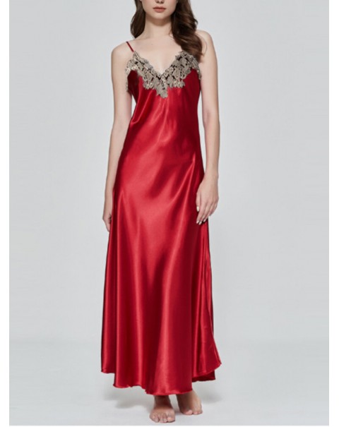 Women's V-Neck Sleeveless Solid Casual Lace Satin Nightgowns Robe Dress - Black S