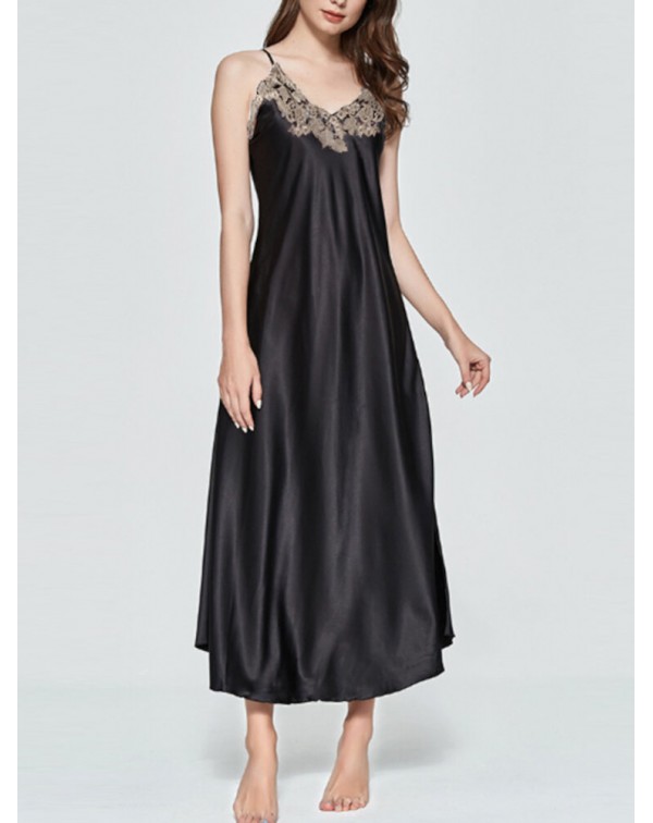 Women's V-Neck Sleeveless Solid Casual Lace Satin ...