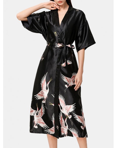 Plus Size Women Ethnic Style Crane Print Faux Silk Half Sleeve Home Sleepwear Robes - Red 8