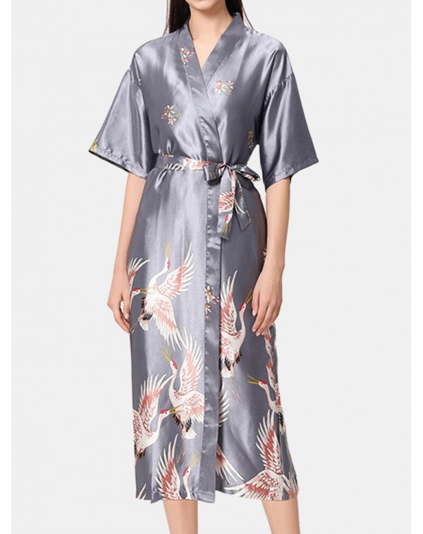 Plus Size Women Ethnic Style Crane Print Faux Silk...
