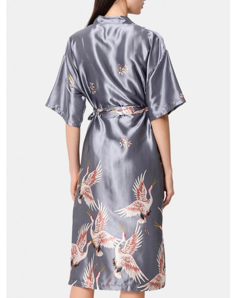 Plus Size Women Ethnic Style Crane Print Faux Silk Half Sleeve Home Sleepwear Robes - Red 8