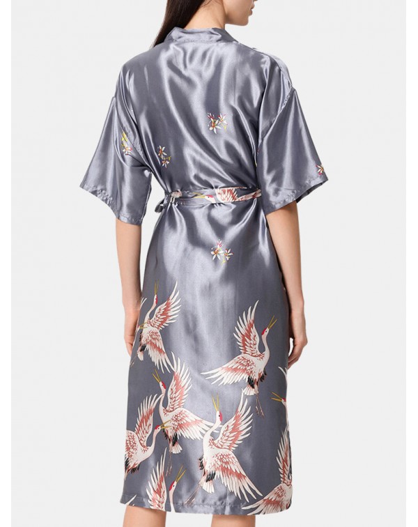 Plus Size Women Ethnic Style Crane Print Faux Silk...