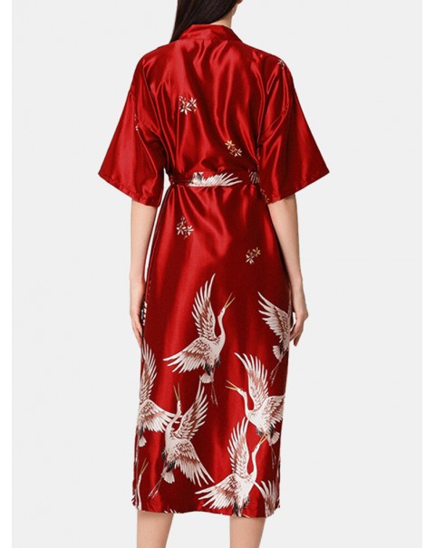 Plus Size Women Ethnic Style Crane Print Faux Silk Half Sleeve Home Sleepwear Robes - Red 8