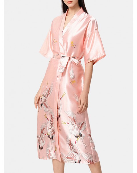 Plus Size Women Ethnic Style Crane Print Faux Silk Half Sleeve Home Sleepwear Robes - Red 8