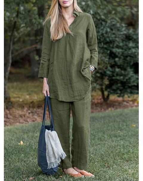Solid Pocket Long Sleeve Lapel Two Pieces Suit - Dark Green S