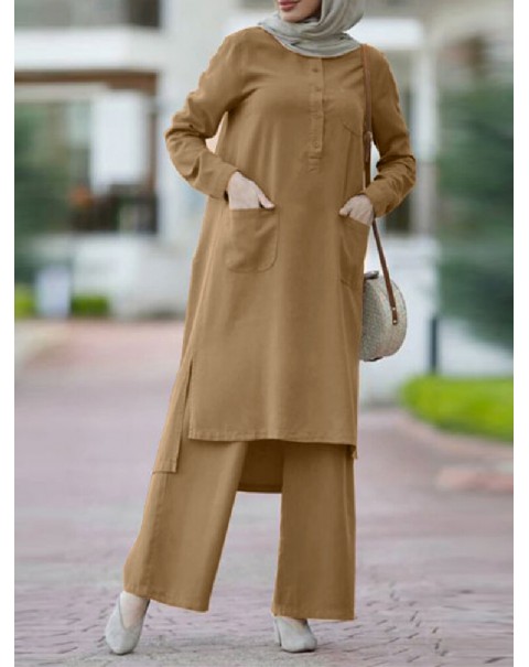 Women Solid Color Split Hem Front Pockets Casual Loose Two-Piece Set Kaftan Tunic - Green S