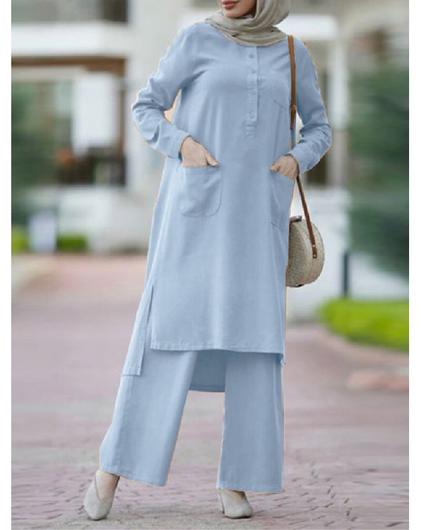 Women Solid Color Split Hem Front Pockets Casual L...