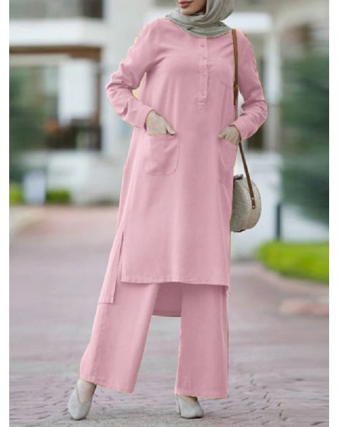 Women Solid Color Split Hem Front Pockets Casual Loose Two-Piece Set Kaftan Tunic - Green S