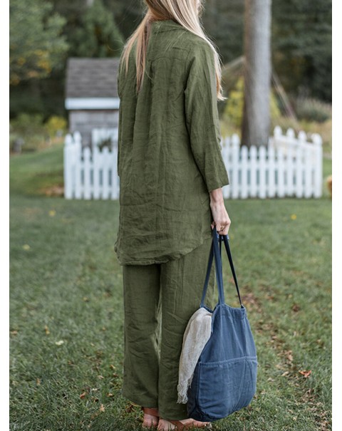 Solid Pocket Long Sleeve Lapel Two Pieces Suit - Dark Green S