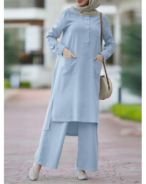 Women Solid Color Split Hem Front Pockets Casual Loose Two-Piece Set Kaftan Tunic - Green S