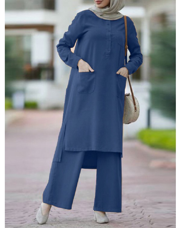 Women Solid Color Split Hem Front Pockets Casual L...