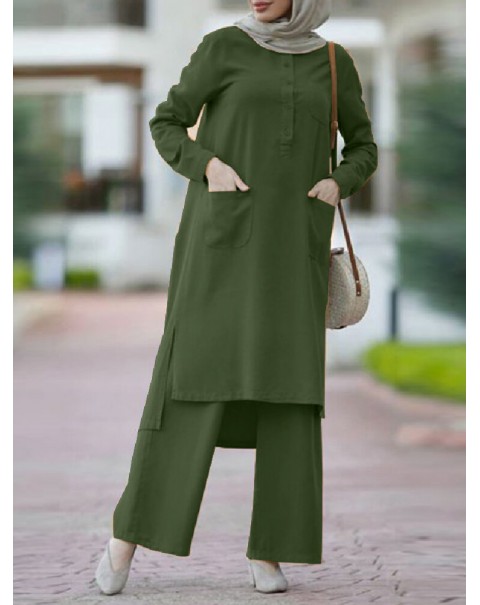 Women Solid Color Split Hem Front Pockets Casual Loose Two-Piece Set Kaftan Tunic - Green S