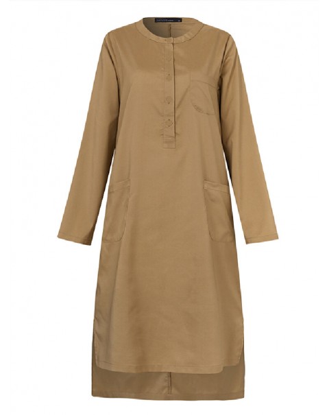 Women Solid Color Split Hem Front Pockets Casual Loose Two-Piece Set Kaftan Tunic - Green S