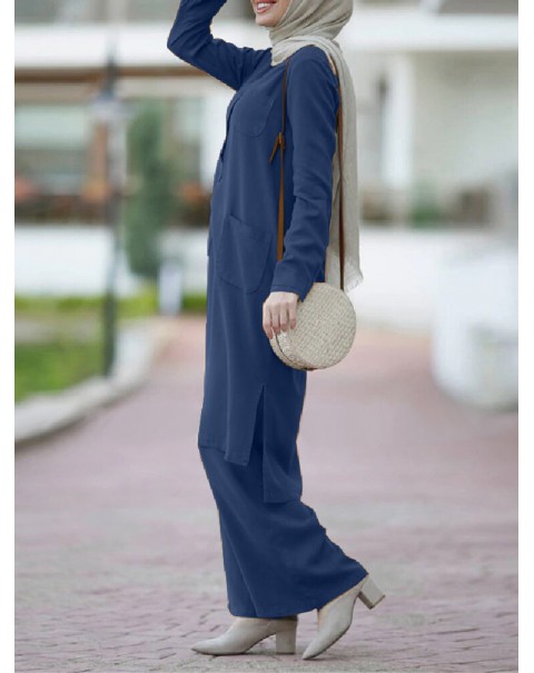 Women Solid Color Split Hem Front Pockets Casual Loose Two-Piece Set Kaftan Tunic - Green S