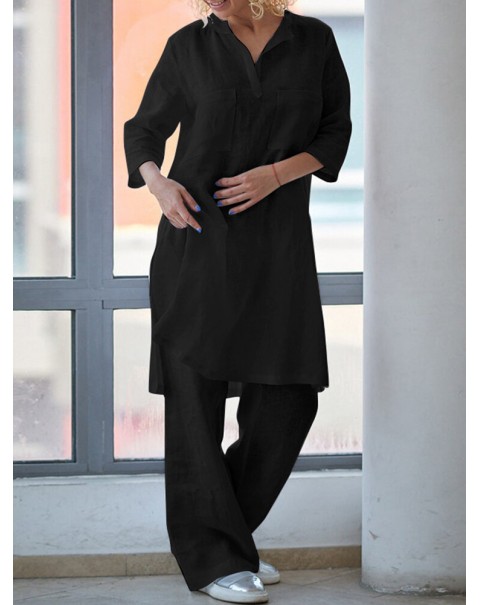 Women 100% Cotton Solid Ankle Length Elastic Waist Two-Piece Sets - Black S