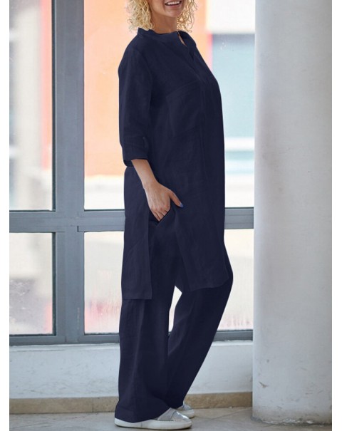 Women 100% Cotton Solid Ankle Length Elastic Waist Two-Piece Sets - Black S