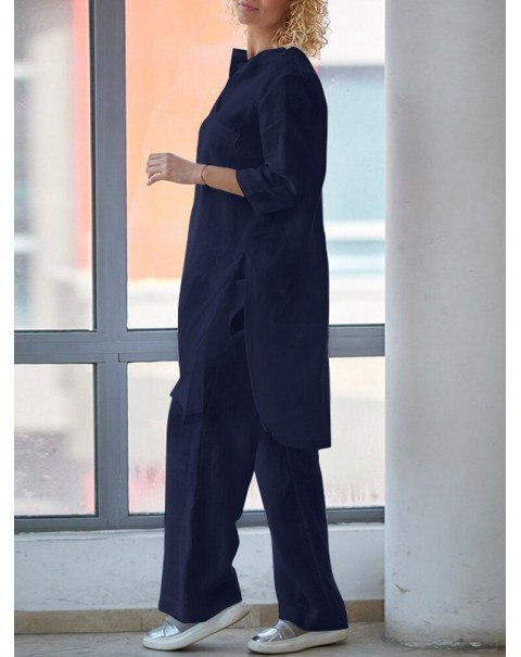 Women 100% Cotton Solid Ankle Length Elastic Waist Two-Piece Sets - Black S