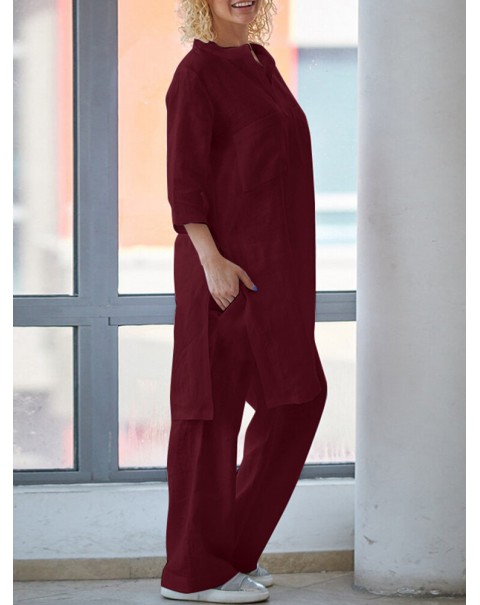 Women 100% Cotton Solid Ankle Length Elastic Waist Two-Piece Sets - Black S