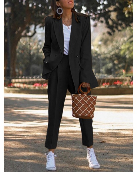 Solid Double Breasted Elastic Waist Lapel Two Piece Set - Black S