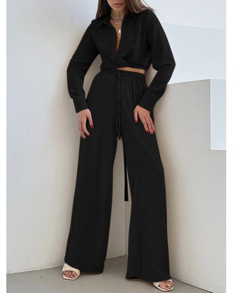 Solid Drawstring Elastic Waist Pocket Button Two Pieces Set - Black 2XL
