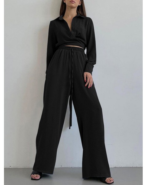 Solid Drawstring Elastic Waist Pocket Button Two Pieces Set - Black 2XL