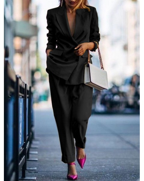 Solid Double Breasted Elastic Waist Lapel Two Piece Set - Black S
