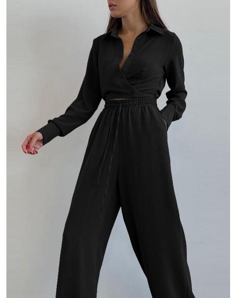 Solid Drawstring Elastic Waist Pocket Button Two Pieces Set - Black 2XL