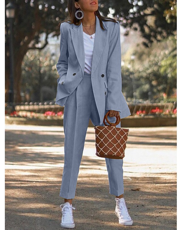 Solid Double Breasted Elastic Waist Lapel Two Piec...