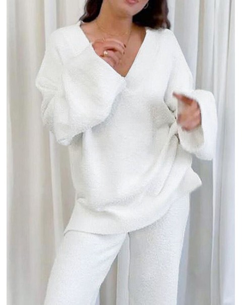 Solid Loose Elastic Waist Long Sleeve Homewear Two Pieces Set - Black S