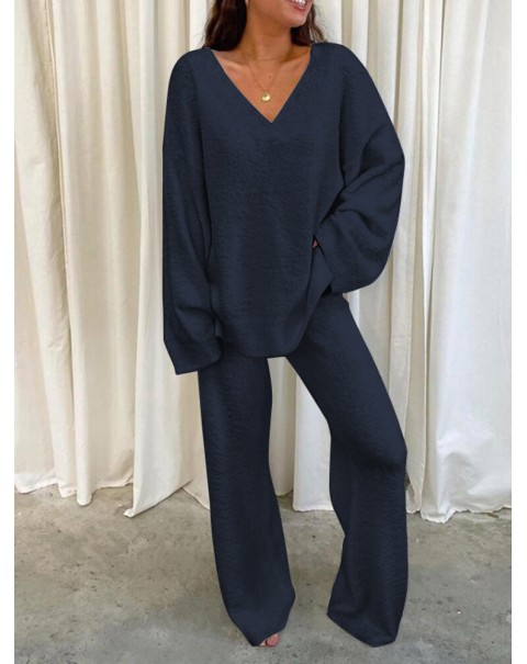 Solid Loose Elastic Waist Long Sleeve Homewear Two Pieces Set - Black S