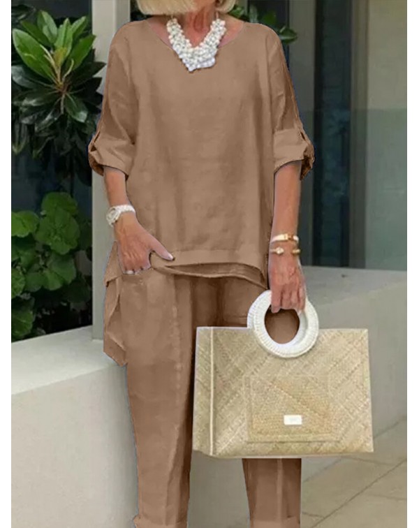 Women 100% Cotton Solid Color Ankle Length Side Po...