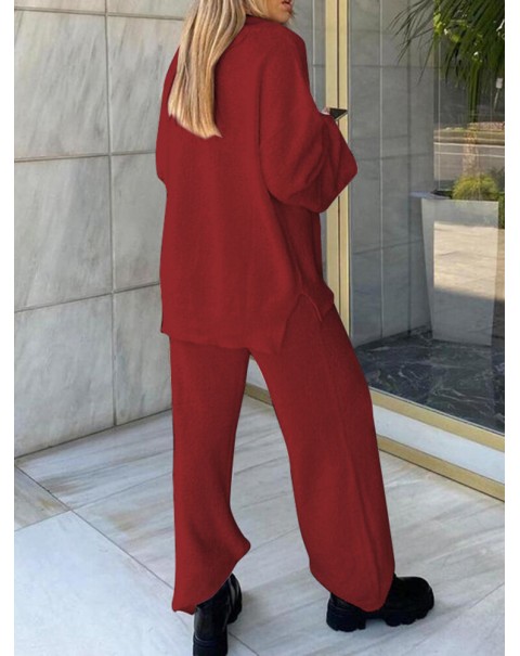 Solid Loose Elastic Waist Long Sleeve Homewear Two Pieces Set - Black S