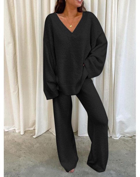 Solid Loose Elastic Waist Long Sleeve Homewear Two Pieces Set - Black S