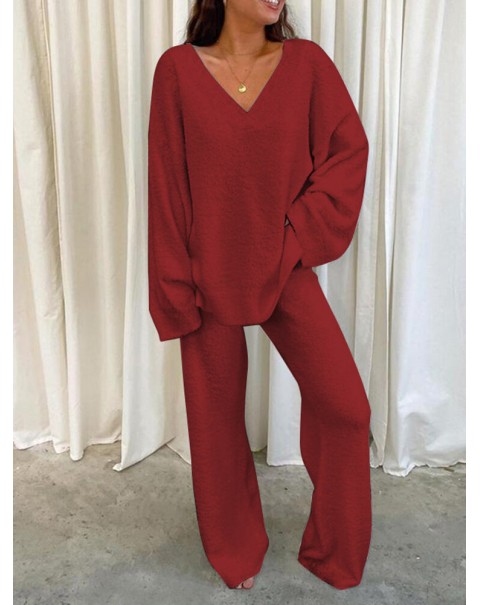 Solid Loose Elastic Waist Long Sleeve Homewear Two Pieces Set - Black S