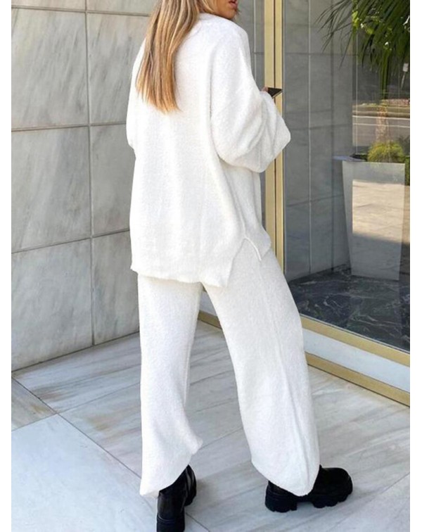 Solid Loose Elastic Waist Long Sleeve Homewear Two...