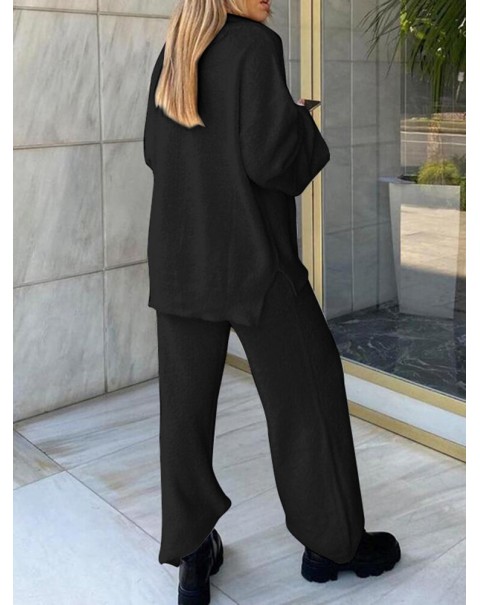 Solid Loose Elastic Waist Long Sleeve Homewear Two Pieces Set - Black S