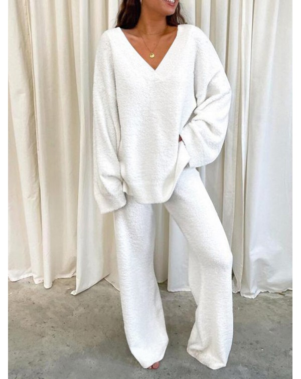 Solid Loose Elastic Waist Long Sleeve Homewear Two...